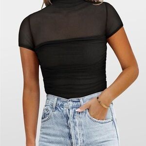 Anrabess Black Sheer Mock Neck Short Sleeve Top Size Small
